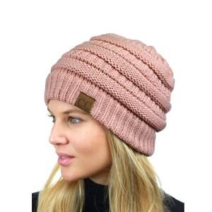 CC Cable Knit Beanie Ribbed Knitted Winter Beanie Hat Slouchy Fit Pink Womens OS